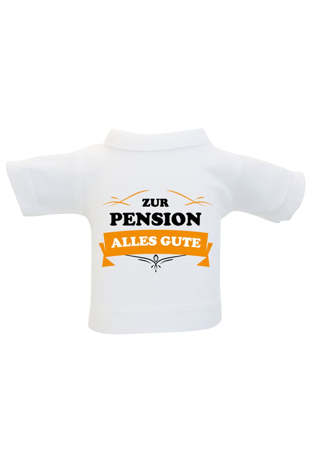 Das Pension Mini T-Shirt ist ein lustiges Accessoire fuer Geschenke und Flaschen. Einfach das Flaschenshirt einer Weinflasche anziehen und fertig ist die originelle Geschenkverpackung. Das Mini T-Shirt mit der Aufschrift: Zur Pension alles Gute. Eine kreative Geschenkverpackung zur Pensionierung. 