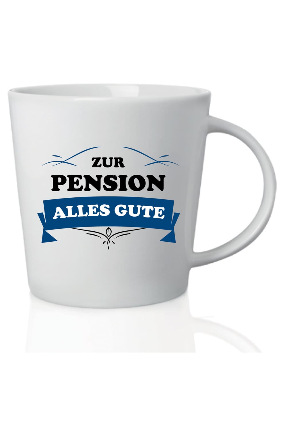Die Spruchtasse mit der Aufschrift: Zur Pension alles Gute, ist ein grossartiges Geschenk zur Rente. Ein kreatives Tassengeschenk zur Pension und fuer alle Rentner und Rentnerinnen, die gerne Kaffee, Tee oder Ovomaltine trinken.