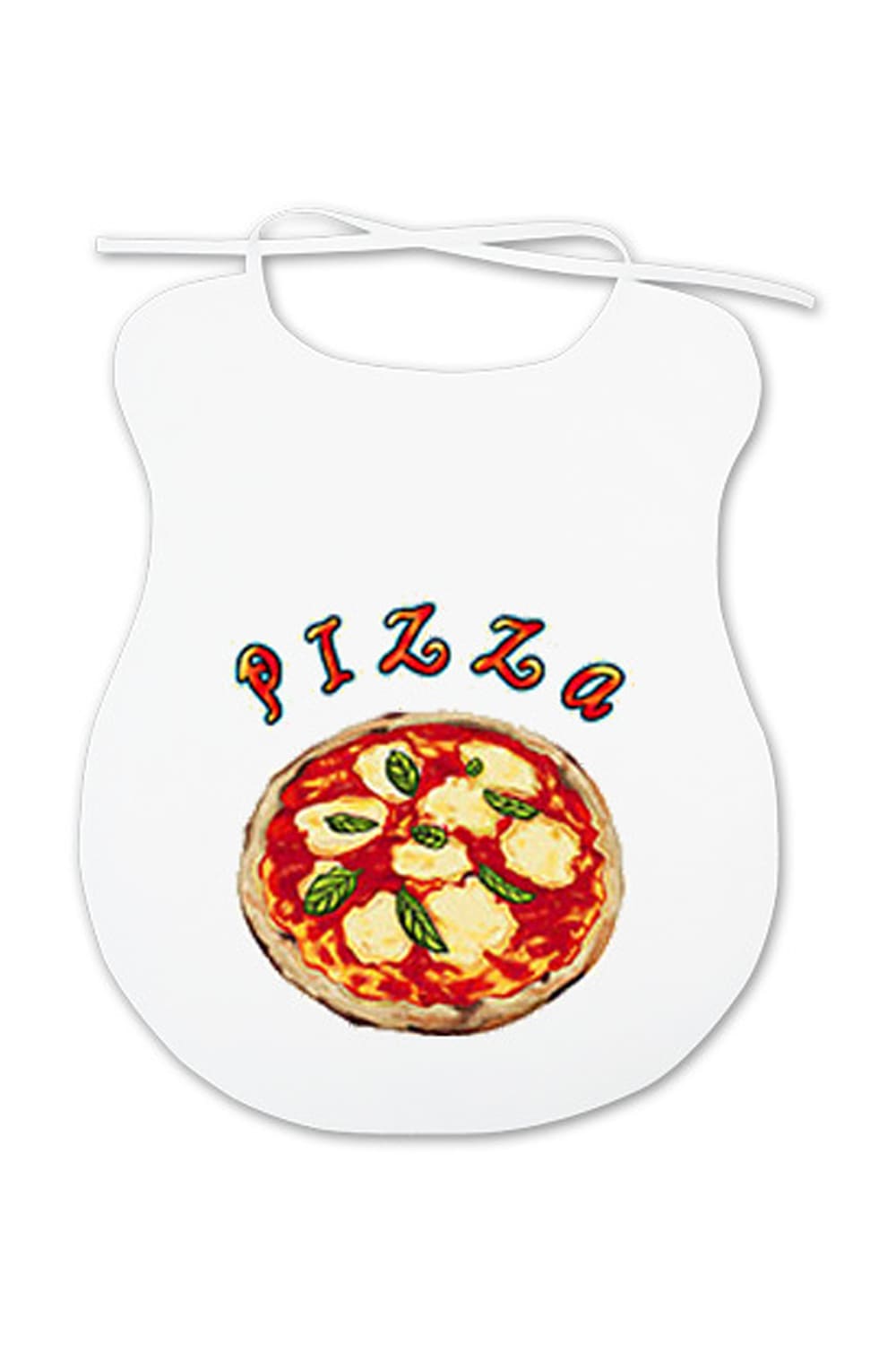 Ein lustiges Geschenk fuer alle Erwachsene, die mehr oder weniger beim Essen kleckern. Auf dem Spaghettilatz ist eine Pizza abgebildet.  Der Pizza Erwachsenenlatz ist aus Baumwolle.