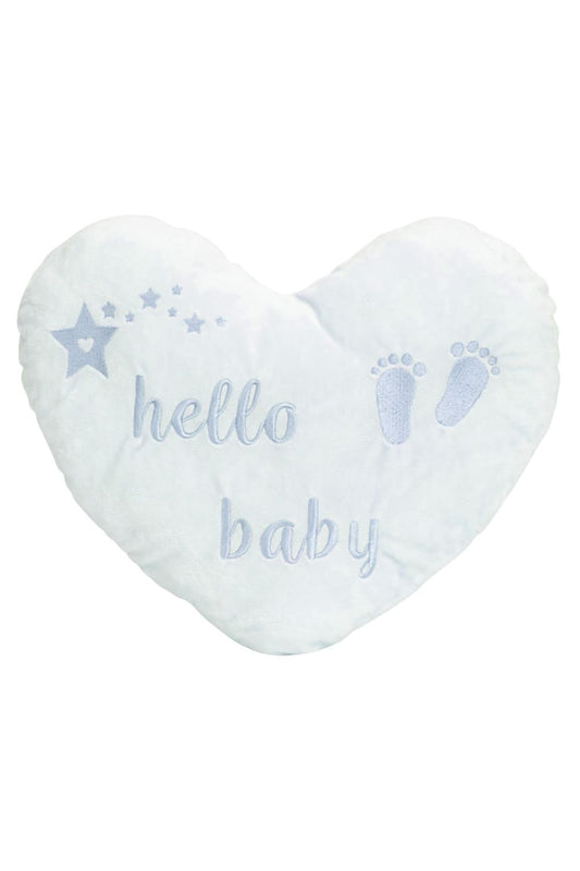 Das Plueschherz mit der Aufschrift: Hello Baby misst 30 cm und ist blau. Herziges Plueschkissen zum Knuddeln und ein kreatives Geschenk zur Geburt. 