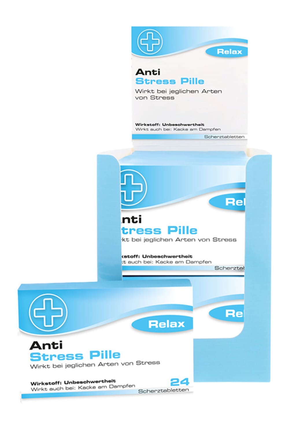Die Schokopillen sind in einer Verpackung, die aussieht wie eine Medizinschachtel. Auf der Schachtel stehen folgende Sprueche: Anti Stress Pille. Wirkt bei jeglichen Arten von Stress. Wirkstoff: Unbeschwertheit. Wirkt auch bei: Kacke am Dampfen. Relax. Humor Apotheke, kein Medizinprodukt!