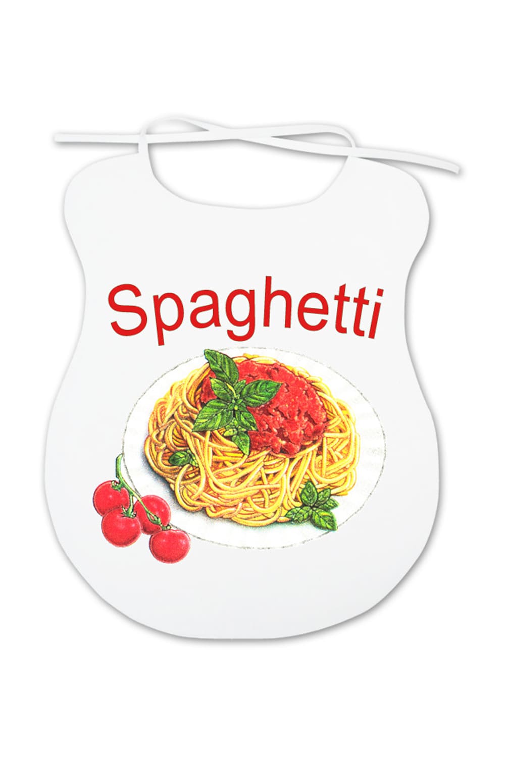 Ein lustiges Geschenk fuer alle Erwachsene, die mehr oder weniger beim Essen kleckern. Auf dem Spaghettilatz ist ein Teller voll mit Spaghetti abgebildet.  Der Spaghetti Erwachsenenlatz ist aus Baumwolle.