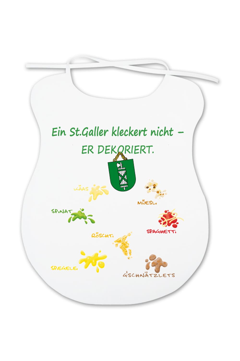 Ein lustiges Geschenk für alle Erwachsene, die mehr oder weniger beim Essen kleckern. Auf dem Sgahettilatz steht der Spruch: Ein St.Galler kleckert nicht, er dekoriert. Zusätzlich sind witzige Flecken mit Essensbezeichnungen und das Wappen abgebildet.  Der St.Gallen Latz für Erwachsene ist aus Baumwolle und ca. 35 x 45 cm gross.   Dieses witzige Geschenk oder Mitbringsel eignet sich hervorragend auch als Gutscheingeschenk für eine Einladung ins Restaurant. 