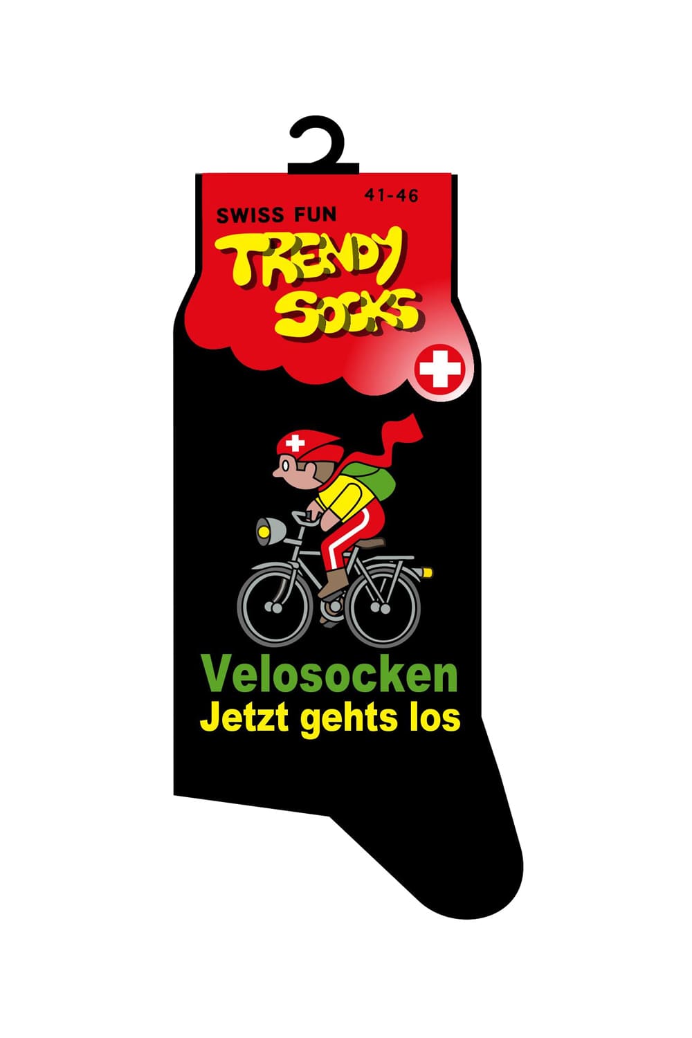 Fahrradfahrer Spasssocken mit dem Spruch: Velosocken jetzt gehts los. Diese witzigen Socken sind einfach ein grossartiges Geschenk für alle, die Spass lieben und verstehen. Diese ultimativen Spruchsocken bieten ein originelles Geschenk für Velofahrer und Fahrrad Fans.