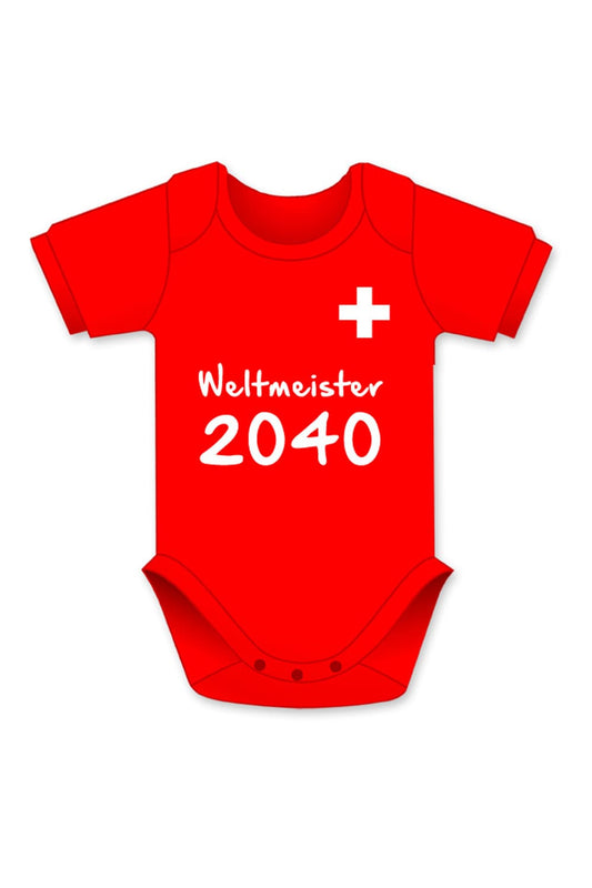 Weltmeister Baby Body in der farbe rot und schweizer Kreuz ist ein süsses Mitbringsel zur Geburt