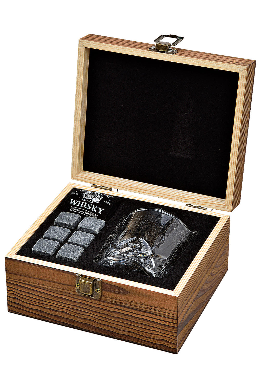 Dieses Whisky Geschenkset ist das perfekte Geschenk für alle Whisky Liebhaber und Whisky Geniesser.   Das Whisky Set besteht aus sechs Würfel aus Basalt Stein mit einem Samtbeutel und einem Whiskyglas. Das Set ist in einer schönen Holzbox verpackt. Holzbox Geschenk