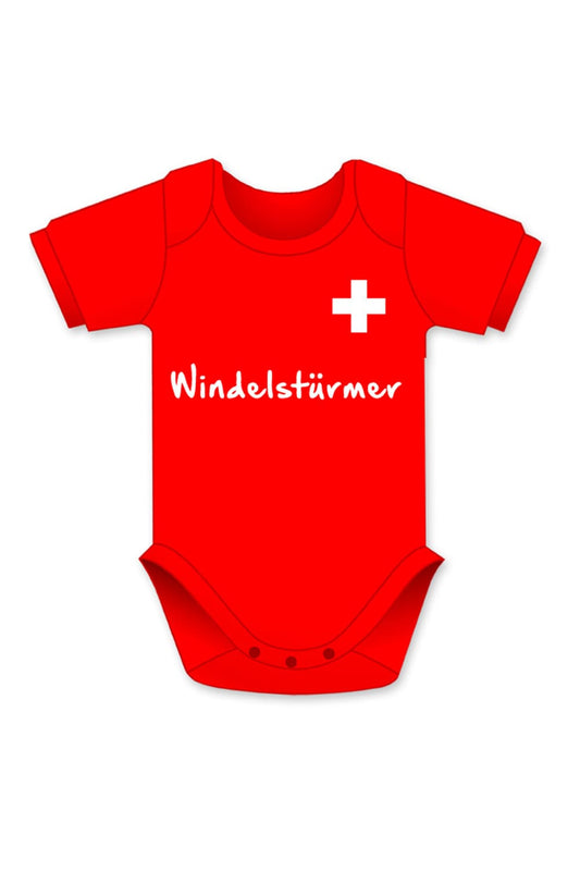 Windelstuermer Baby Body in der farbe rot mit schweizer Flagge