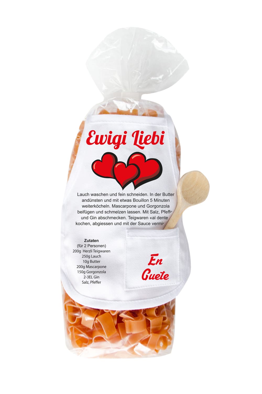 Diese Pasta sind in einer Herz Form und in einer schoenen Verpackung mit einer Mini Kochschuerze und der suesse Mundart Spruch: Ewigi Liebi. Mit diesem Nudelgeschenk sind Sie garantiert auf dem richtigen Weg. Den bekanntlich geht die Liebe ja durch den Magen. Einfach ein grossartiges und leckeres Geschenk fuer Verliebte. 