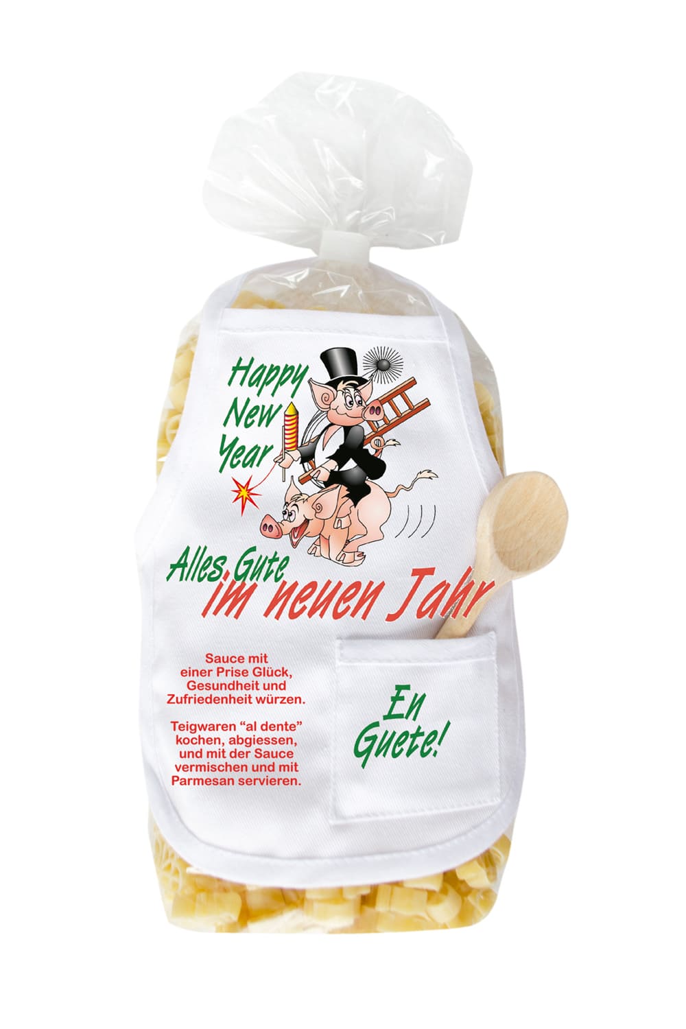 Die Happy New Year Pasta sind in Form eines Schweinchen und in einer schoenen Verpackung. Auf der Mini Kochschuerze steht der Spruch: Happy New Year. Alles Gute im neuen Jahr. Zusaetzlich befindet sich in der kleinen Tasche, ein kleiner Kochloeffel aus Holz. Ein originelles Silvester Geschenk!